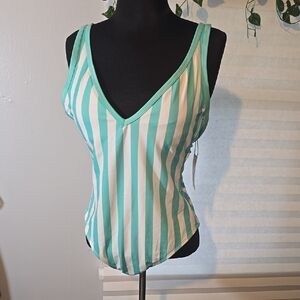 Turquoise Stripped V-neck One Piece Bathinhsuit